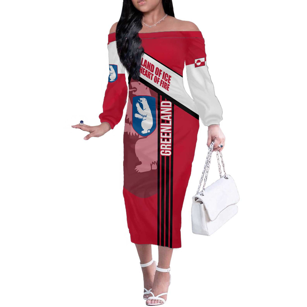 Greenland Off The Shoulder Long Sleeve Dress with Polar Bear Emblem and Land of Ice Heart of Fire Text Design