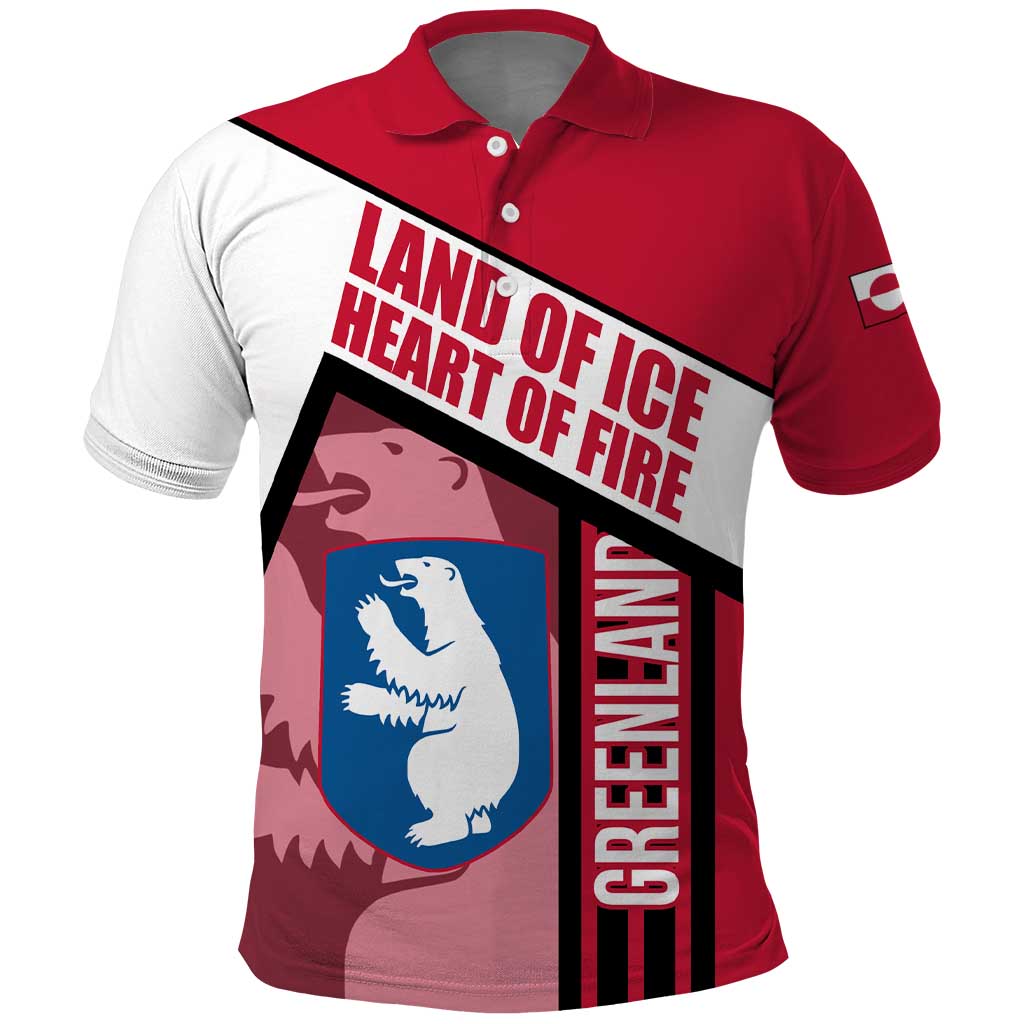 Greenland Polo Shirt with Polar Bear Emblem and Land of Ice Heart of Fire Text Design