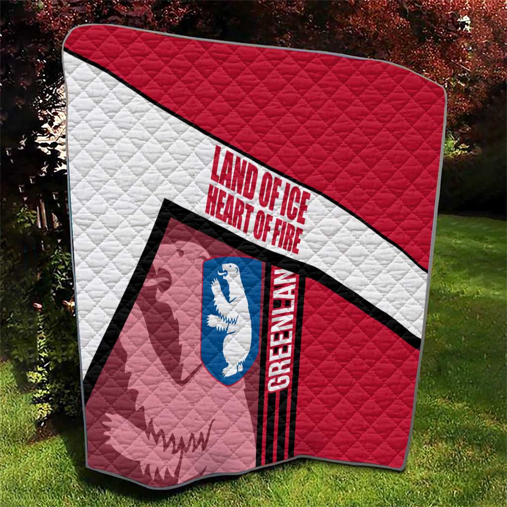 Greenland Quilt with Polar Bear Emblem and Land of Ice Heart of Fire Text Design