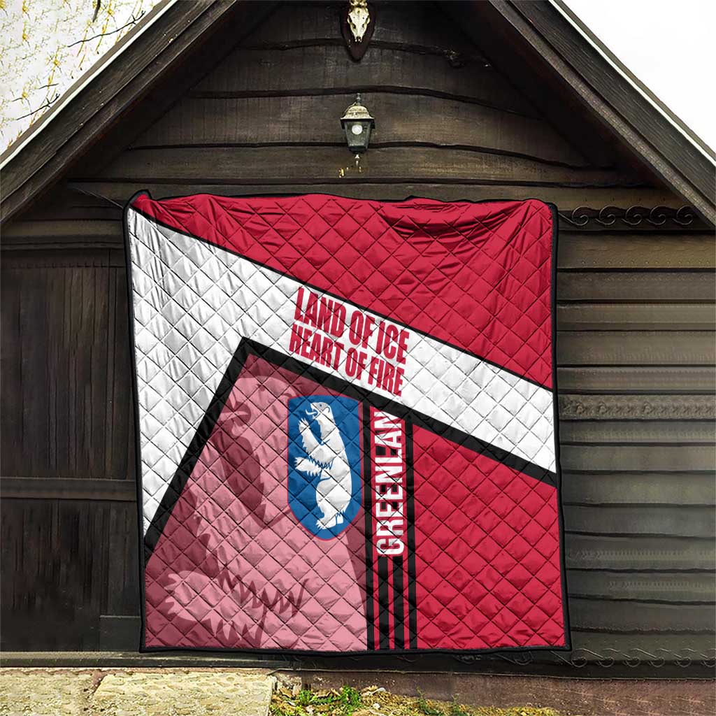 Greenland Quilt with Polar Bear Emblem and Land of Ice Heart of Fire Text Design