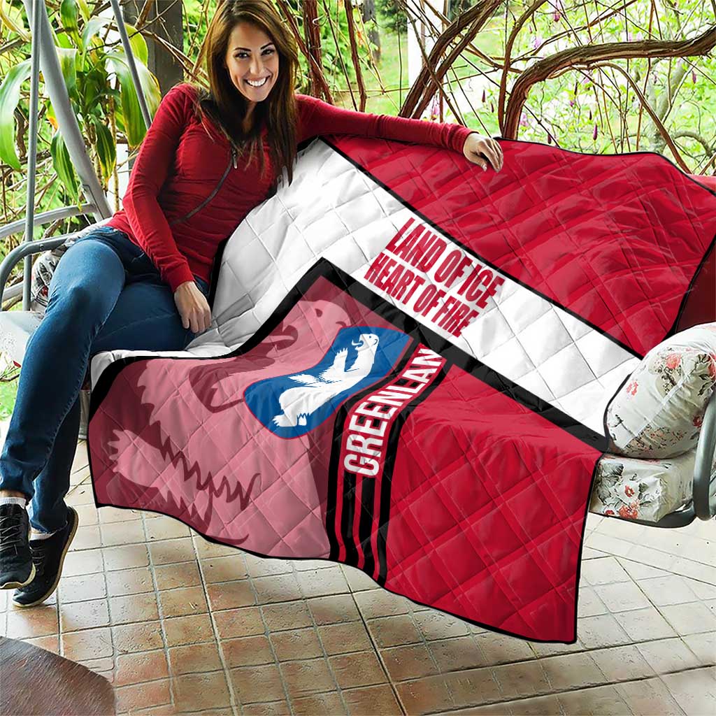 Greenland Quilt with Polar Bear Emblem and Land of Ice Heart of Fire Text Design