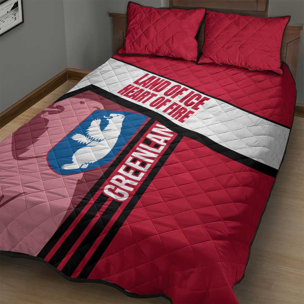 Greenland Quilt Bed Set with Polar Bear Emblem and Land of Ice Heart of Fire Text Design