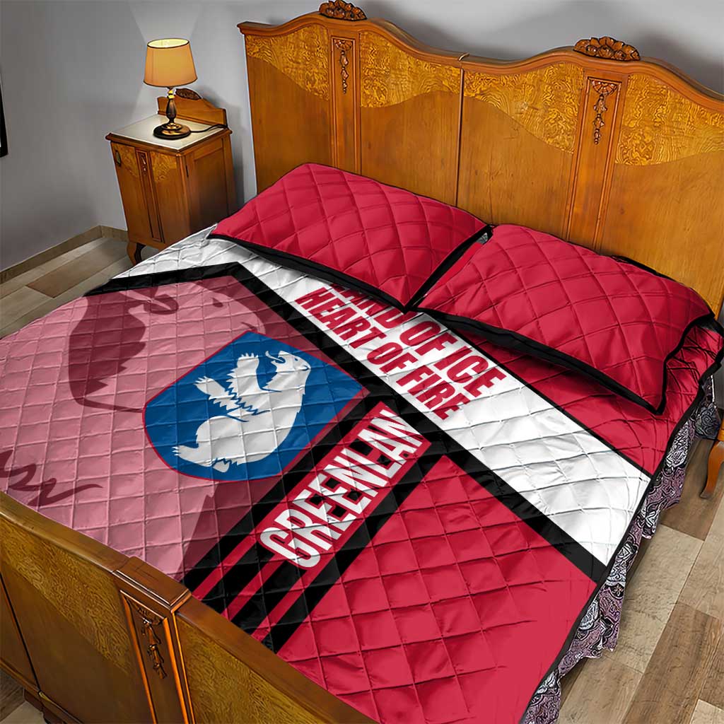 Greenland Quilt Bed Set with Polar Bear Emblem and Land of Ice Heart of Fire Text Design