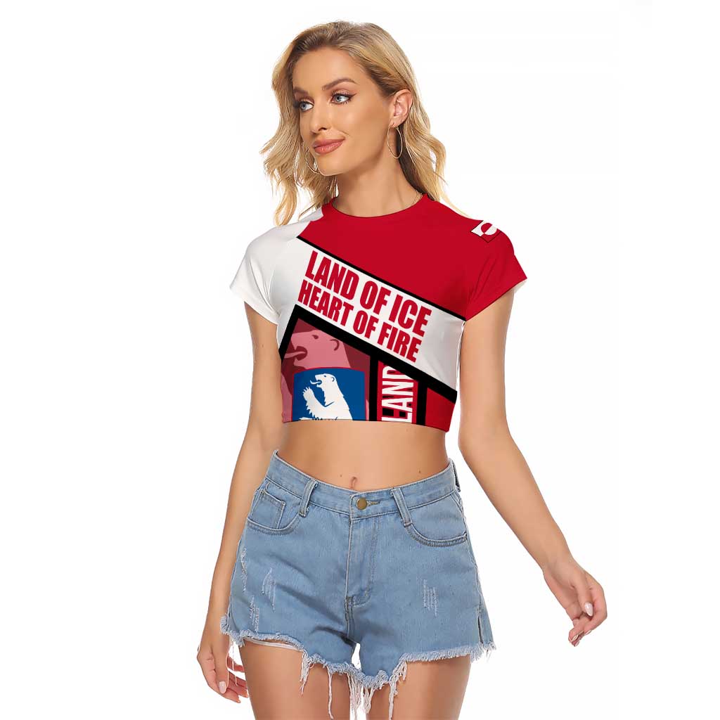 Greenland Raglan Cropped T Shirt with Polar Bear Emblem and Land of Ice Heart of Fire Text Design