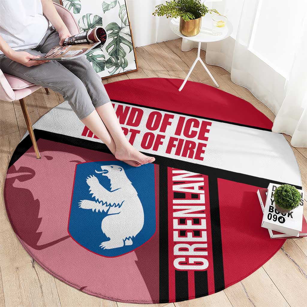 Greenland Round Carpet with Polar Bear Emblem and Land of Ice Heart of Fire Text Design