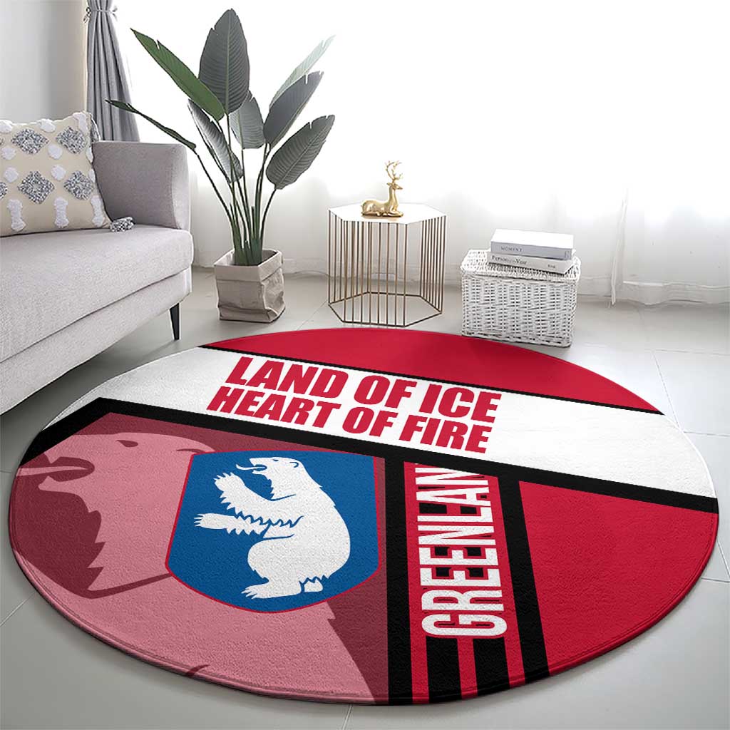 Greenland Round Carpet with Polar Bear Emblem and Land of Ice Heart of Fire Text Design