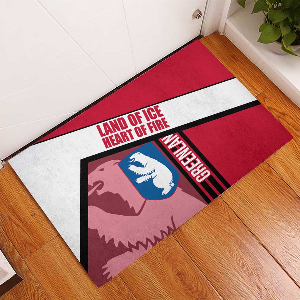 Greenland Rubber Doormat with Polar Bear Emblem and Land of Ice Heart of Fire Text Design