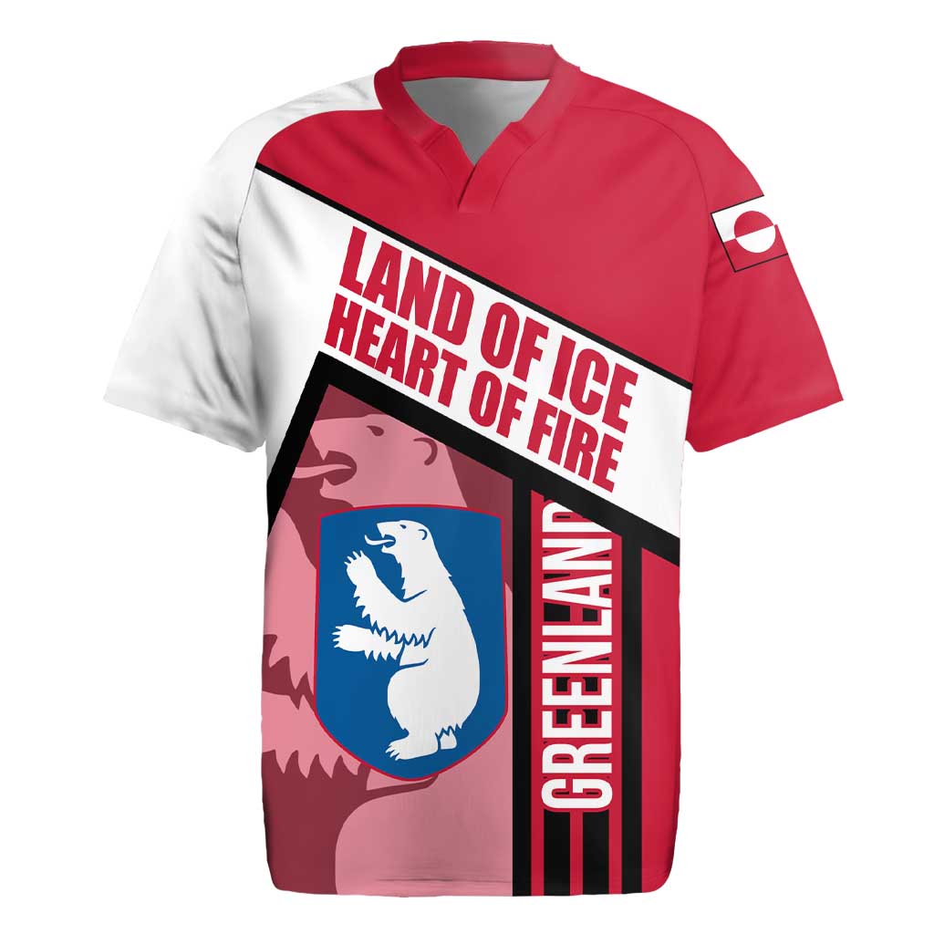 Greenland Rugby Jersey with Polar Bear Emblem and Land of Ice Heart of Fire Text Design
