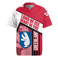 Greenland Rugby Jersey with Polar Bear Emblem and Land of Ice Heart of Fire Text Design
