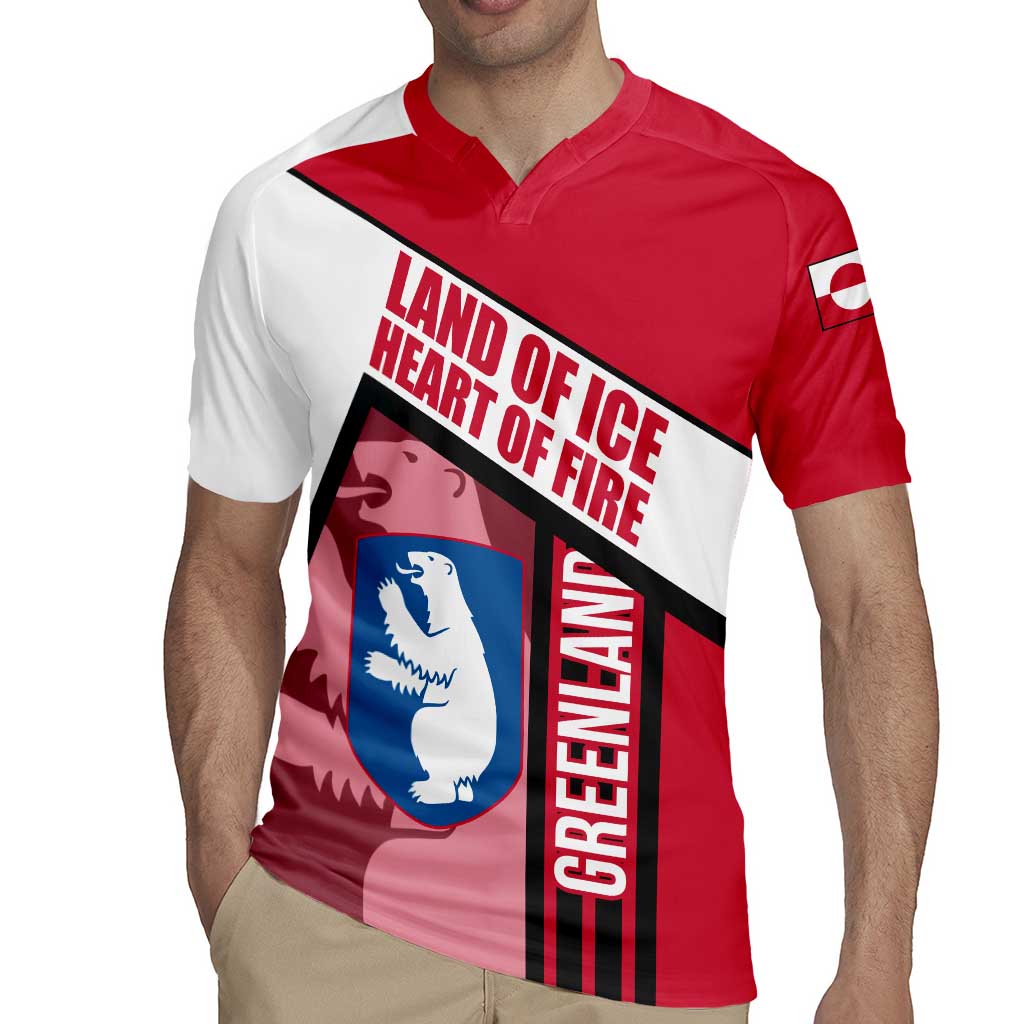 Greenland Rugby Jersey with Polar Bear Emblem and Land of Ice Heart of Fire Text Design