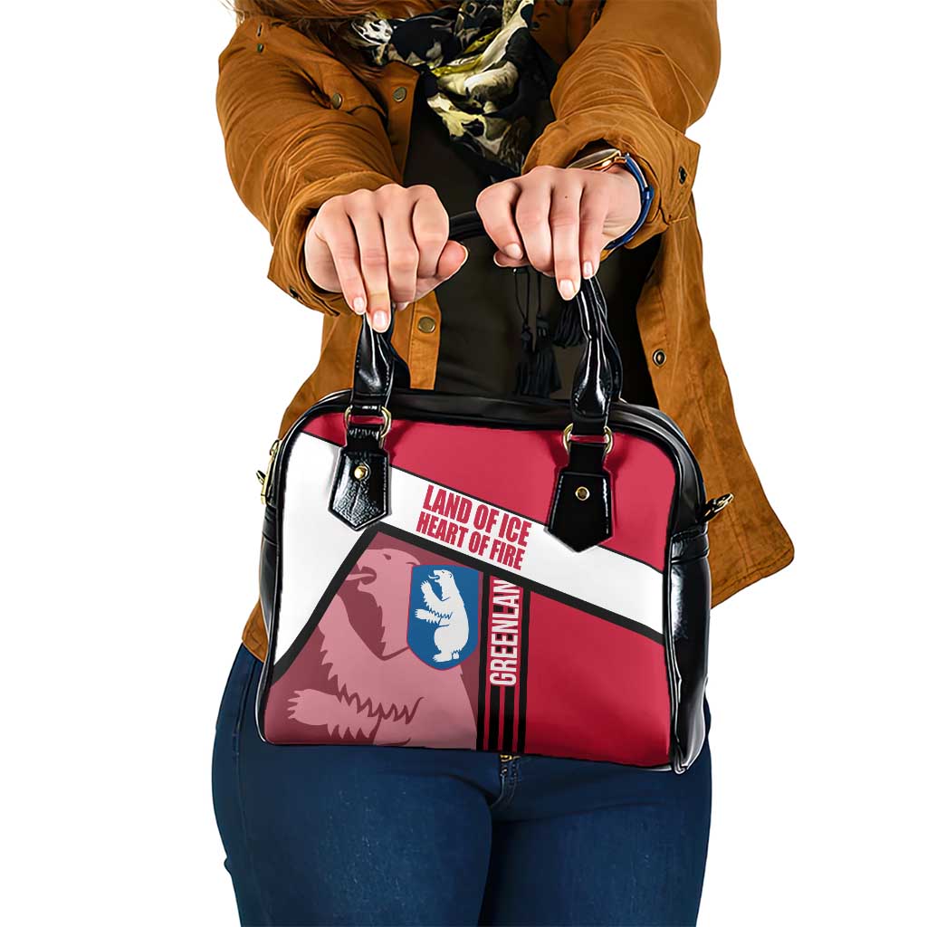 Greenland Shoulder Handbag with Polar Bear Emblem and Land of Ice Heart of Fire Text Design