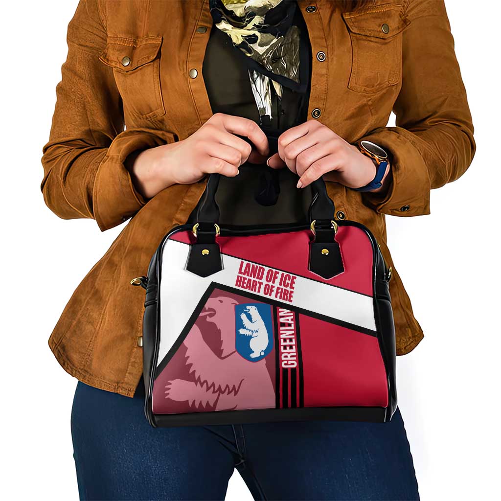 Greenland Shoulder Handbag with Polar Bear Emblem and Land of Ice Heart of Fire Text Design