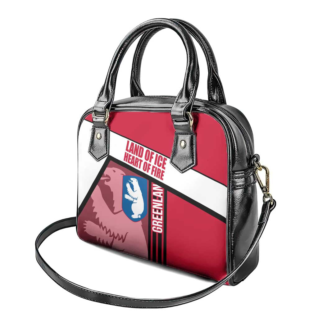 Greenland Shoulder Handbag with Polar Bear Emblem and Land of Ice Heart of Fire Text Design