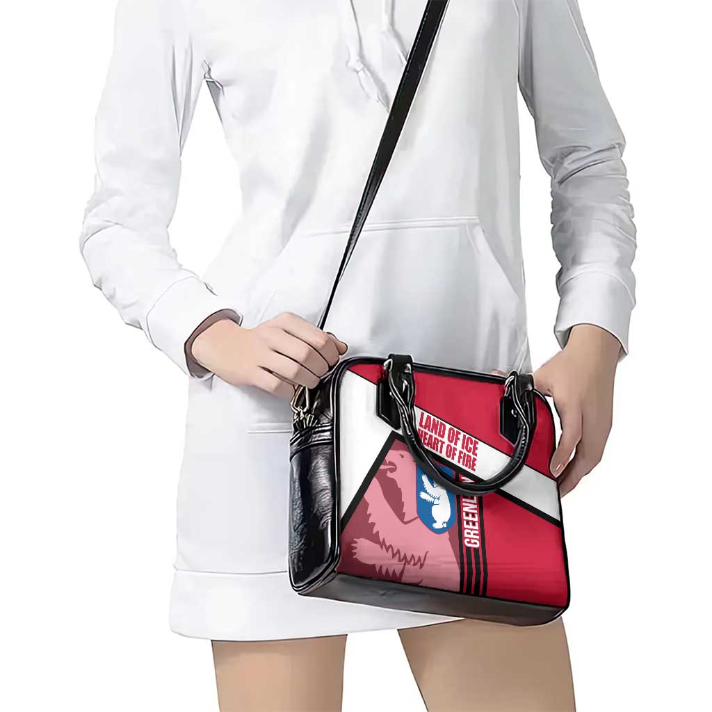Greenland Shoulder Handbag with Polar Bear Emblem and Land of Ice Heart of Fire Text Design