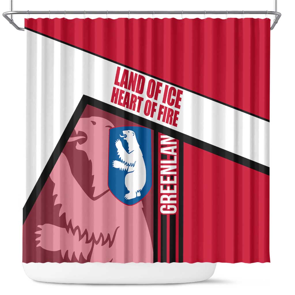 Greenland Shower Curtain with Polar Bear Emblem and Land of Ice Heart of Fire Text Design