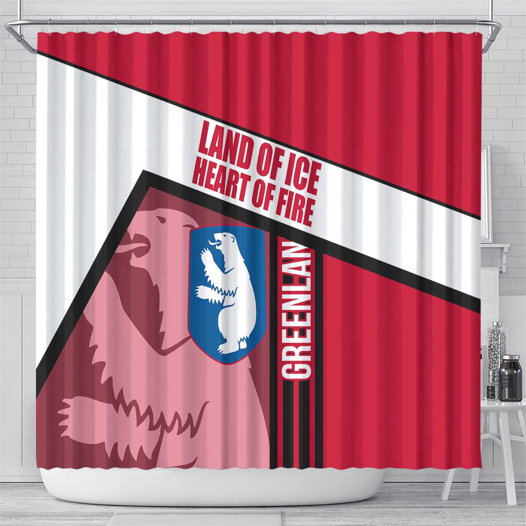 Greenland Shower Curtain with Polar Bear Emblem and Land of Ice Heart of Fire Text Design