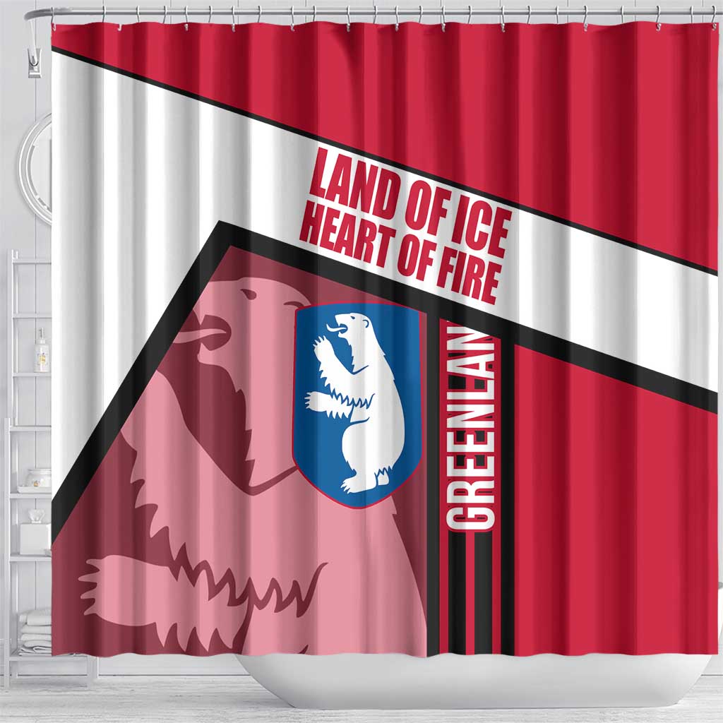 Greenland Shower Curtain with Polar Bear Emblem and Land of Ice Heart of Fire Text Design