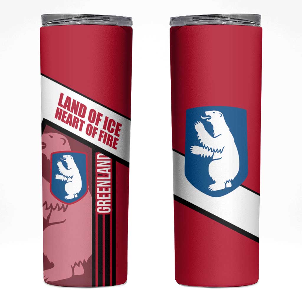 Greenland Skinny Tumbler with Polar Bear Emblem and Land of Ice Heart of Fire Text Design