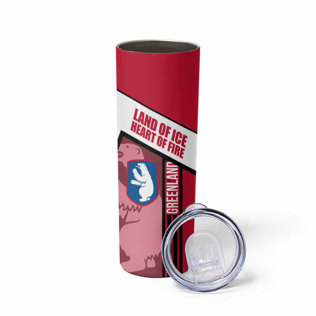 Greenland Skinny Tumbler with Polar Bear Emblem and Land of Ice Heart of Fire Text Design