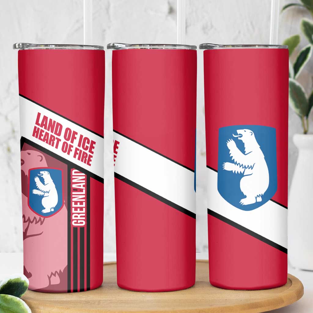 Greenland Skinny Tumbler with Polar Bear Emblem and Land of Ice Heart of Fire Text Design