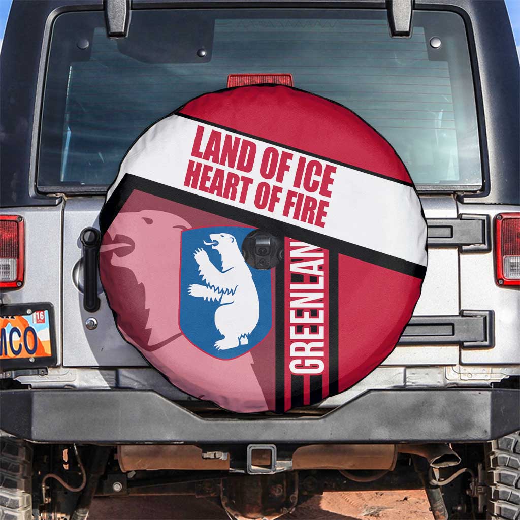 Greenland Spare Tire Cover with Polar Bear Emblem and Land of Ice Heart of Fire Text Design
