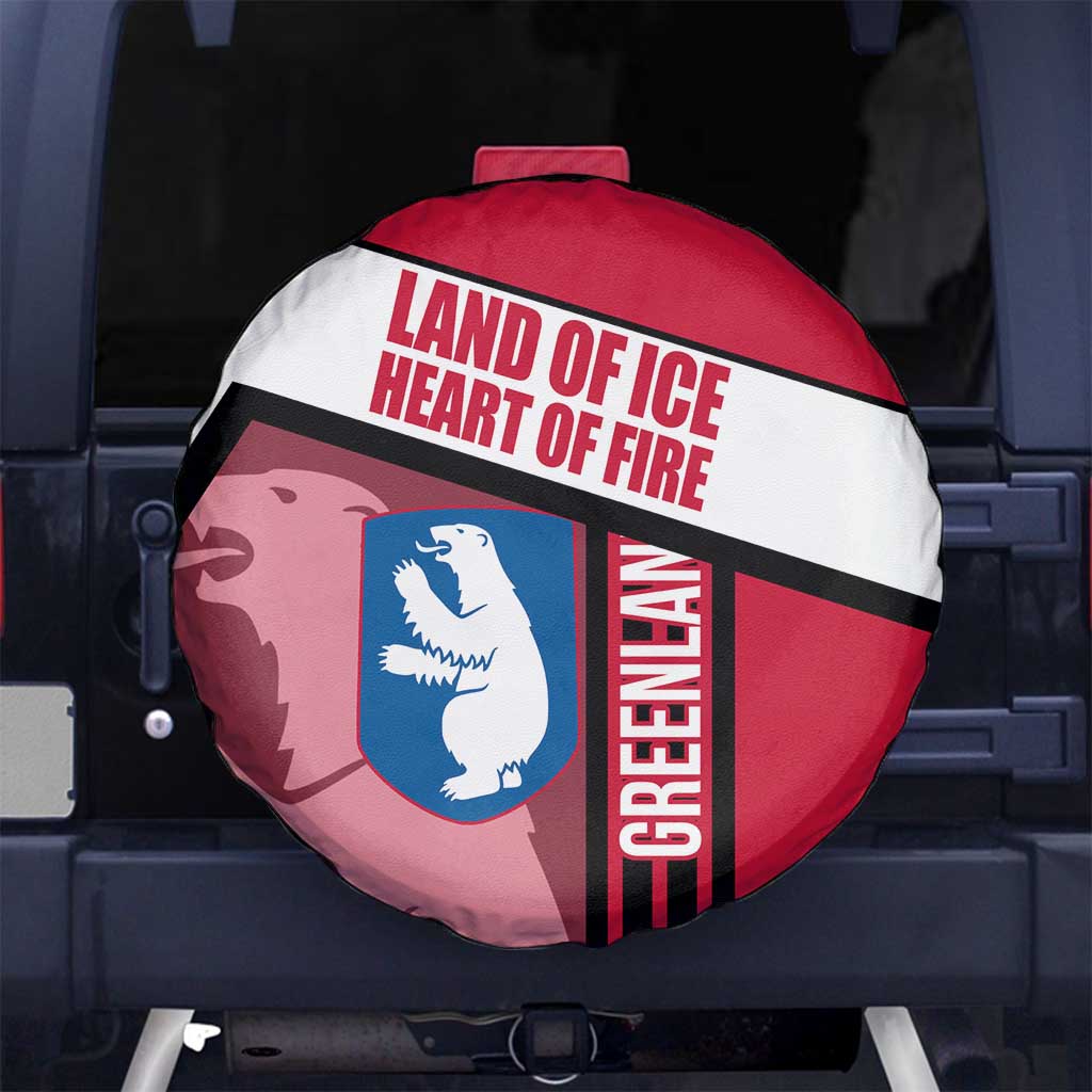 Greenland Spare Tire Cover with Polar Bear Emblem and Land of Ice Heart of Fire Text Design