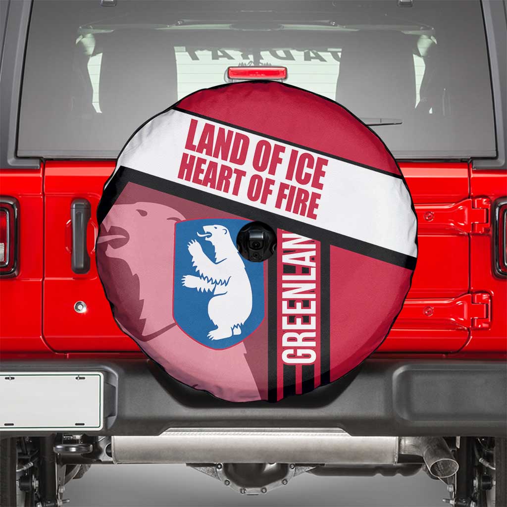 Greenland Spare Tire Cover with Polar Bear Emblem and Land of Ice Heart of Fire Text Design