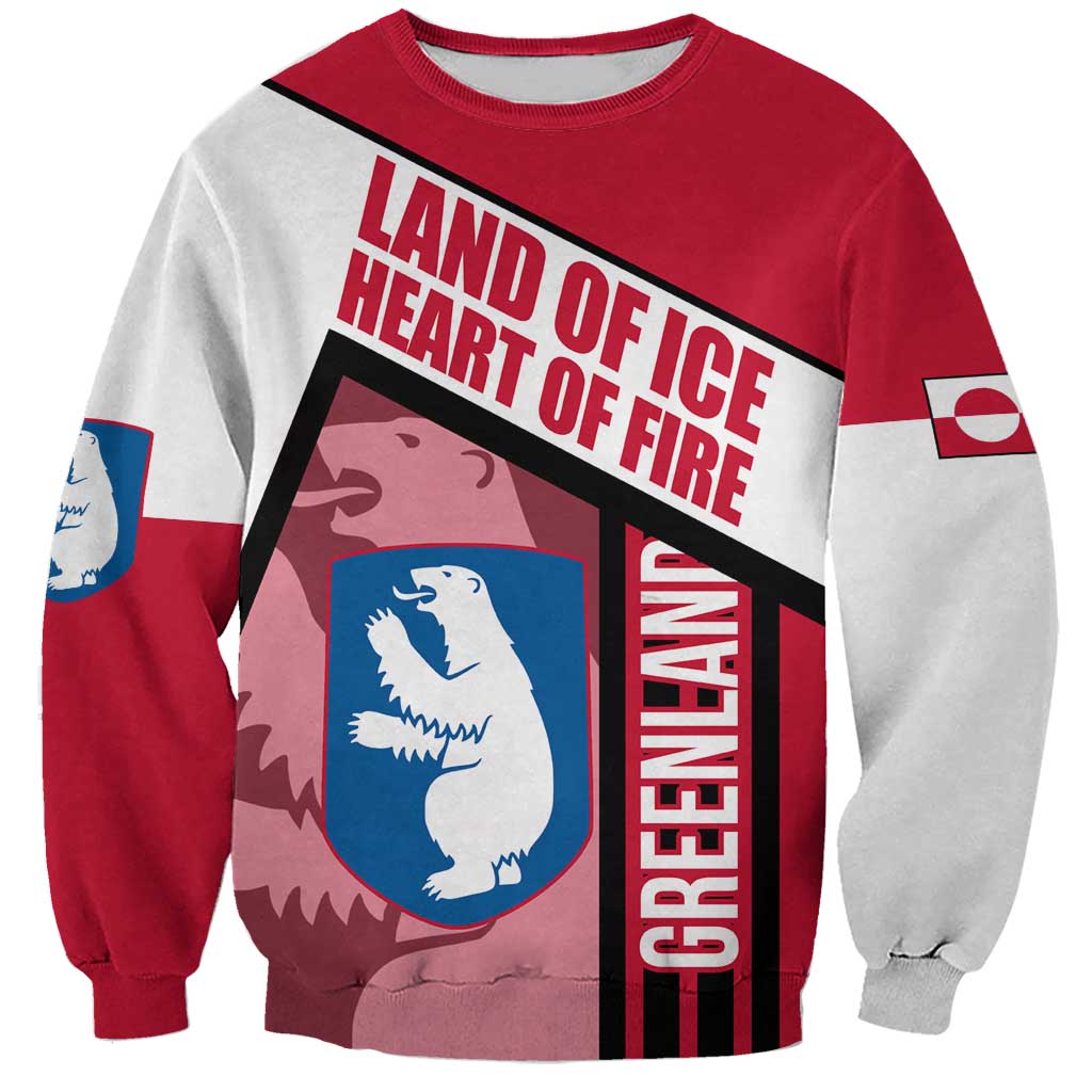 Greenland Sweatshirt with Polar Bear Emblem and Land of Ice Heart of Fire Text Design