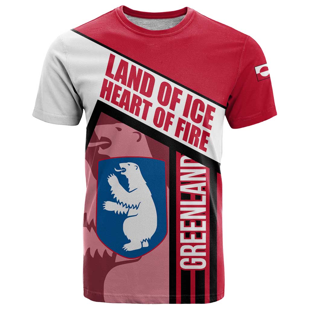 Greenland T Shirt with Polar Bear Emblem and Land of Ice Heart of Fire Text Design