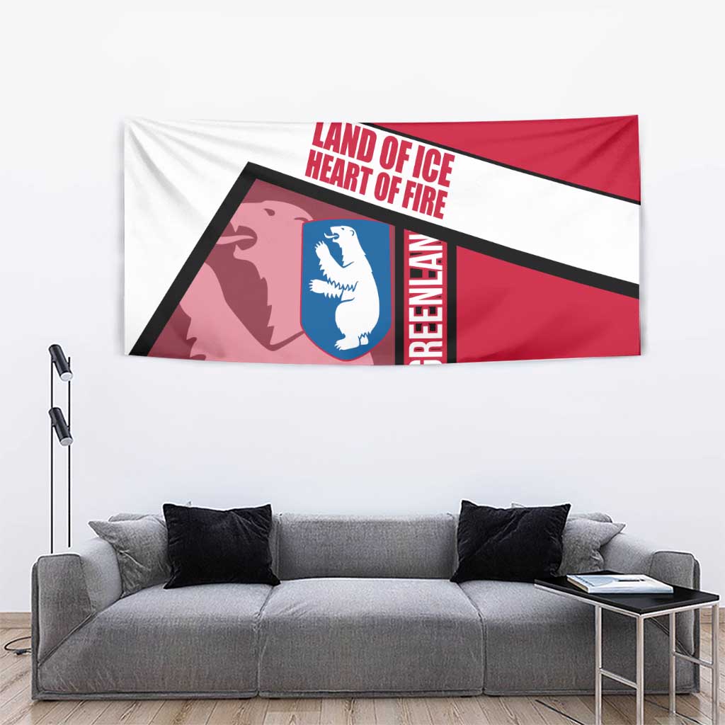 Greenland Tapestry with Polar Bear Emblem and Land of Ice Heart of Fire Text Design