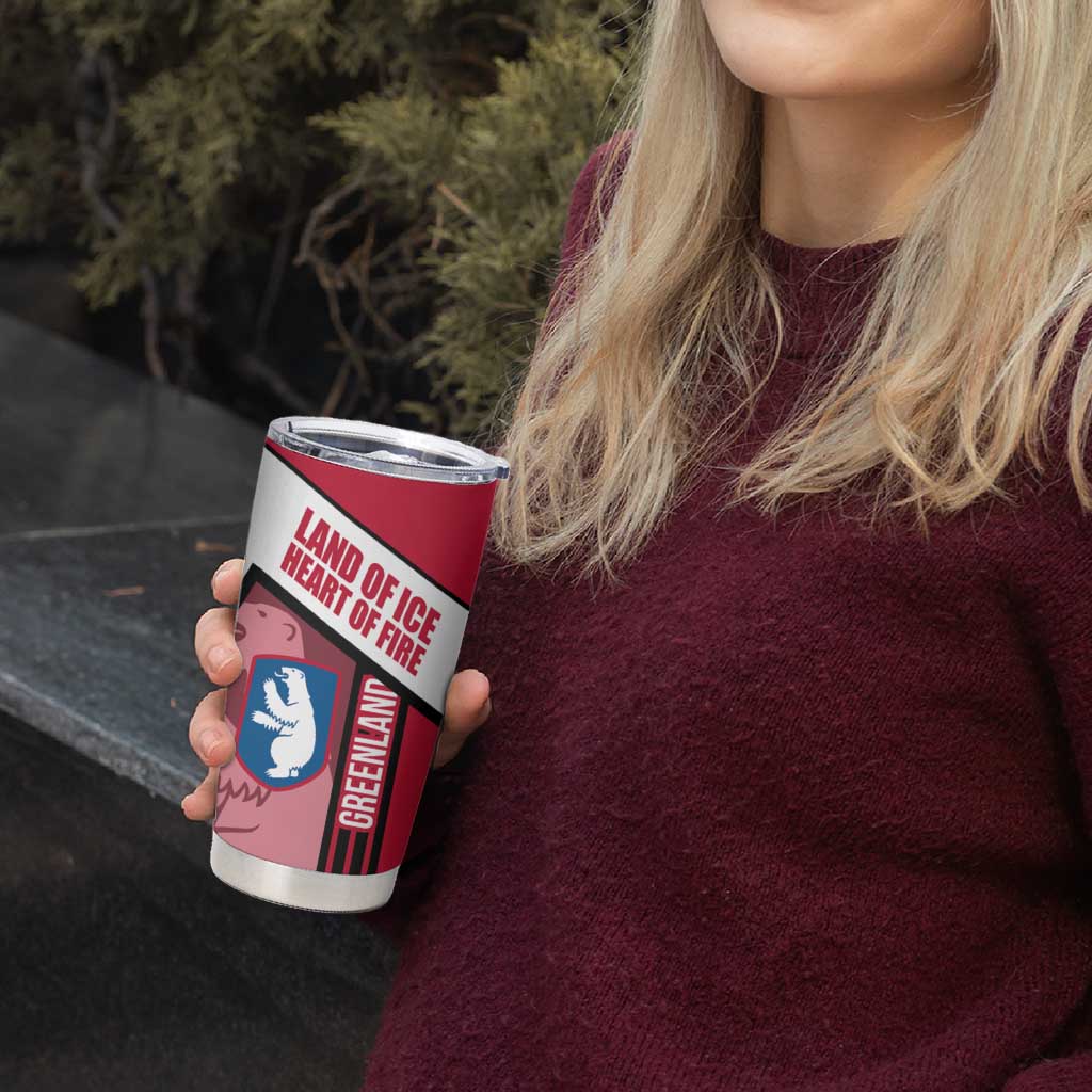 Greenland Tumbler Cup with Polar Bear Emblem and Land of Ice Heart of Fire Text Design