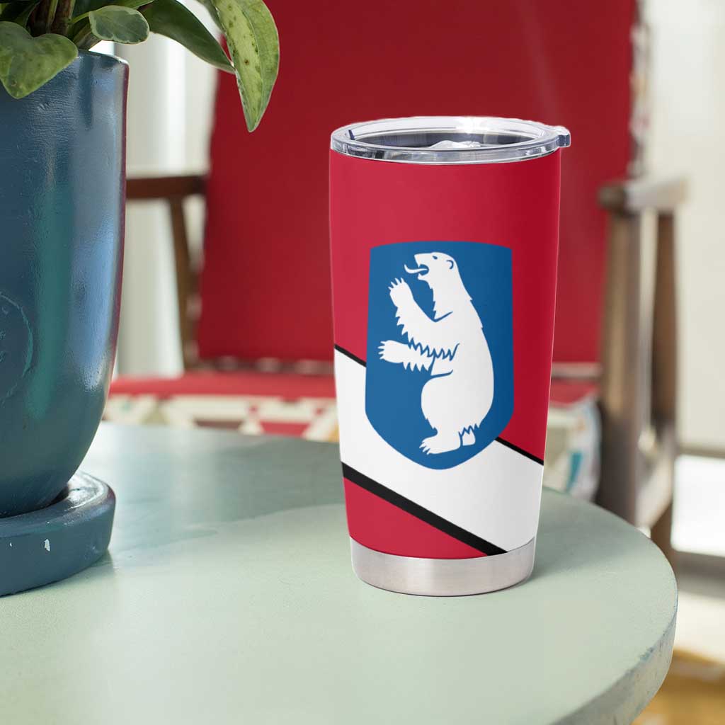 Greenland Tumbler Cup with Polar Bear Emblem and Land of Ice Heart of Fire Text Design