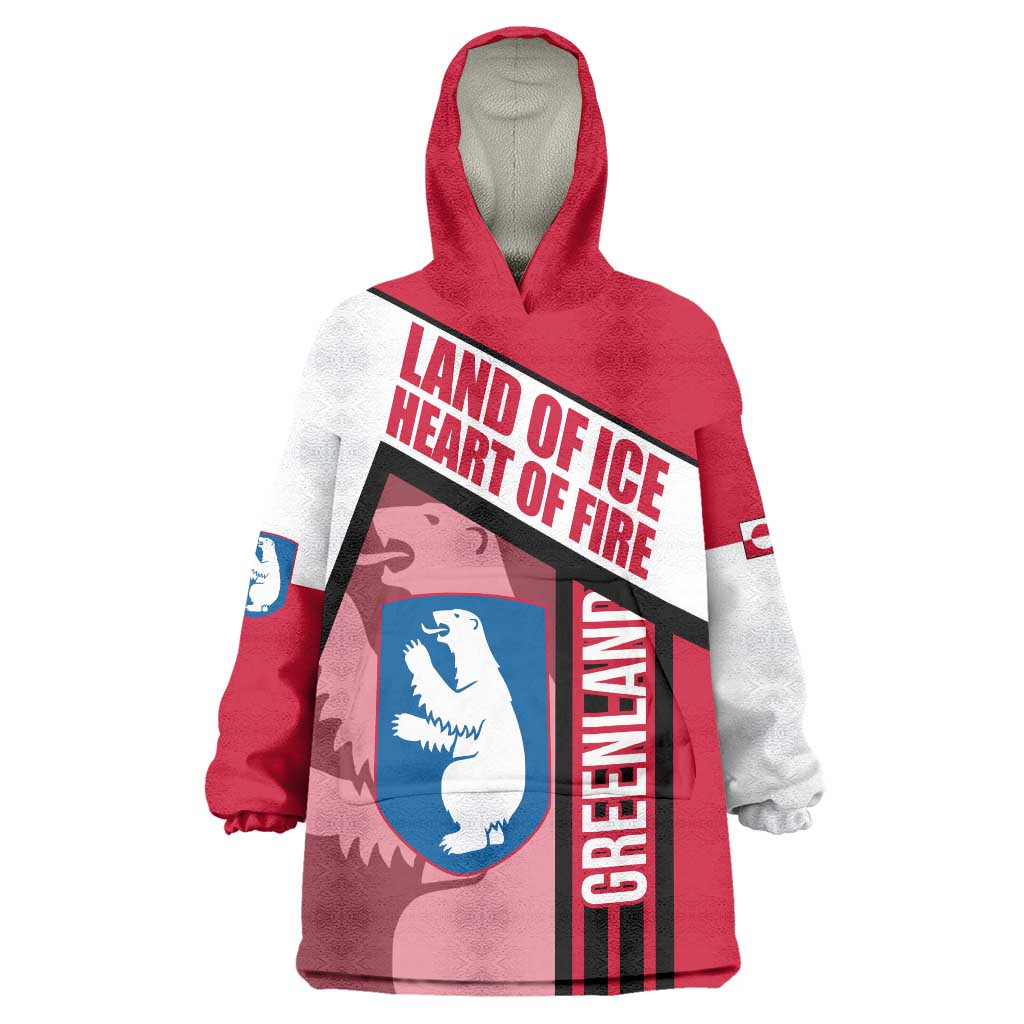 Greenland Wearable Blanket Hoodie with Polar Bear Emblem and Land of Ice Heart of Fire Text Design