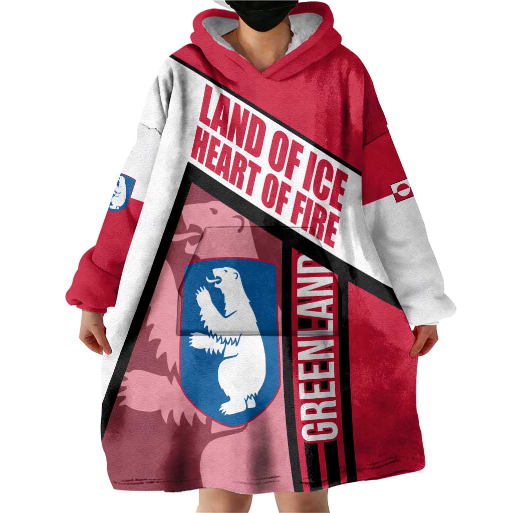 Greenland Wearable Blanket Hoodie with Polar Bear Emblem and Land of Ice Heart of Fire Text Design