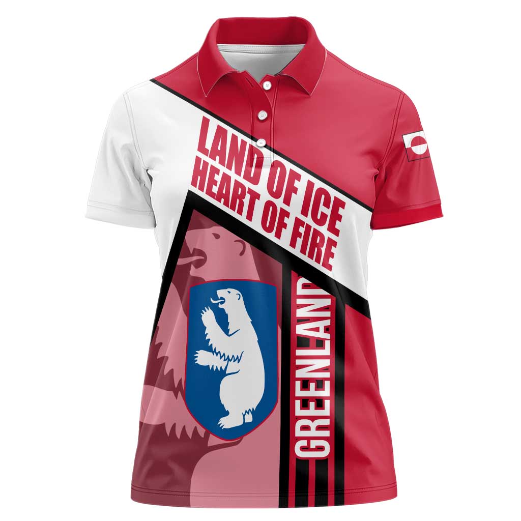 Greenland Women Polo Shirt with Polar Bear Emblem and Land of Ice Heart of Fire Text Design