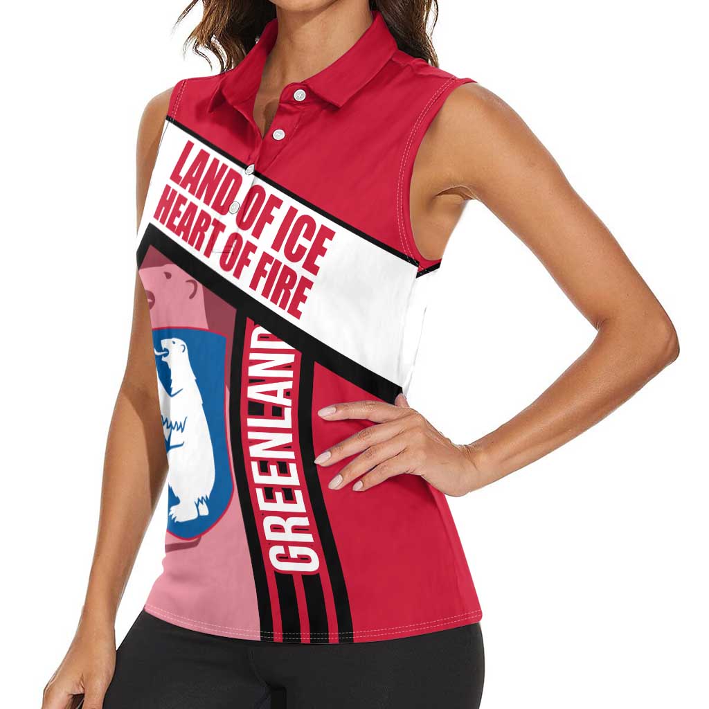 Greenland Women Sleeveless Polo Shirt with Polar Bear Emblem and Land of Ice Heart of Fire Text Design