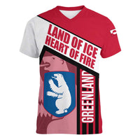 Greenland Women V-Neck T-Shirt with Polar Bear Emblem and Land of Ice Heart of Fire Text Design