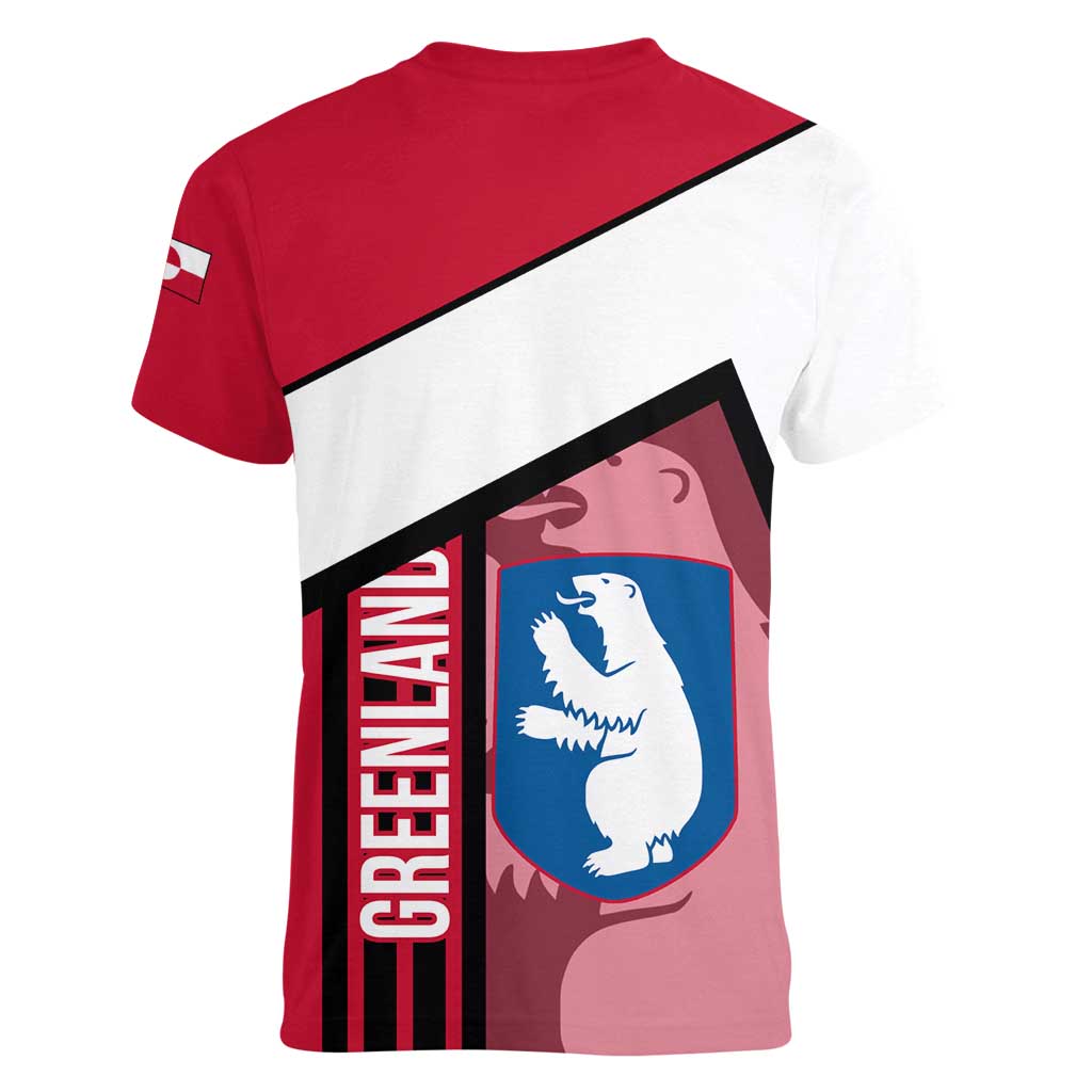 Greenland Women V-Neck T-Shirt with Polar Bear Emblem and Land of Ice Heart of Fire Text Design