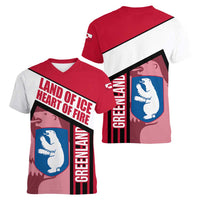Greenland Women V-Neck T-Shirt with Polar Bear Emblem and Land of Ice Heart of Fire Text Design