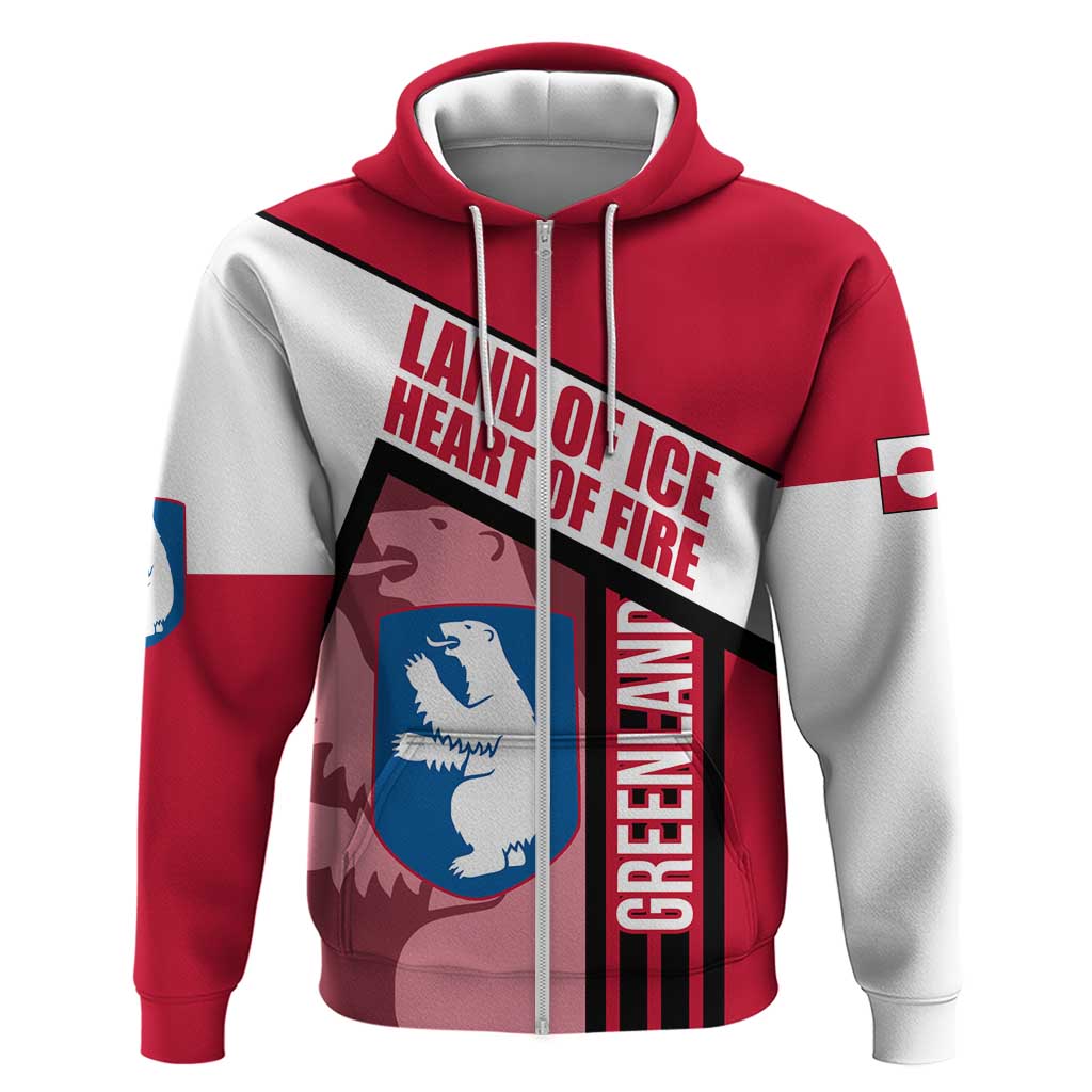 Greenland Zip Hoodie with Polar Bear Emblem and Land of Ice Heart of Fire Text Design