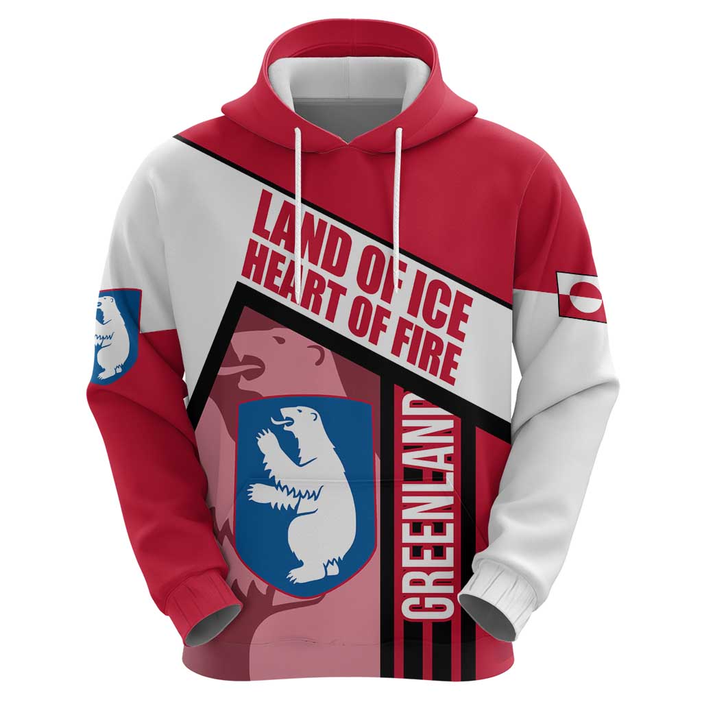 Greenland Zip Hoodie with Polar Bear Emblem and Land of Ice Heart of Fire Text Design
