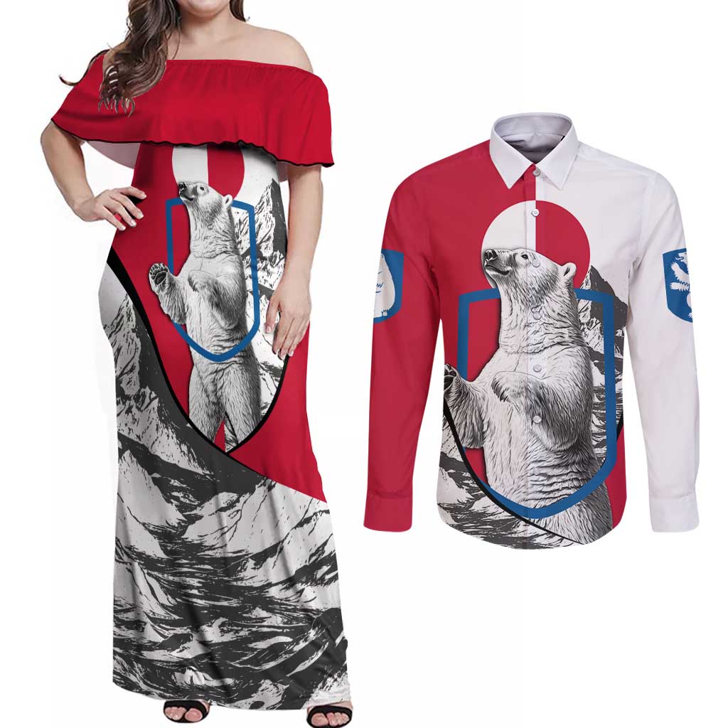 Greenland Pride Couples Matching Off Shoulder Maxi Dress and Long Sleeve Button Shirt The Spirit of the Arctic Bear