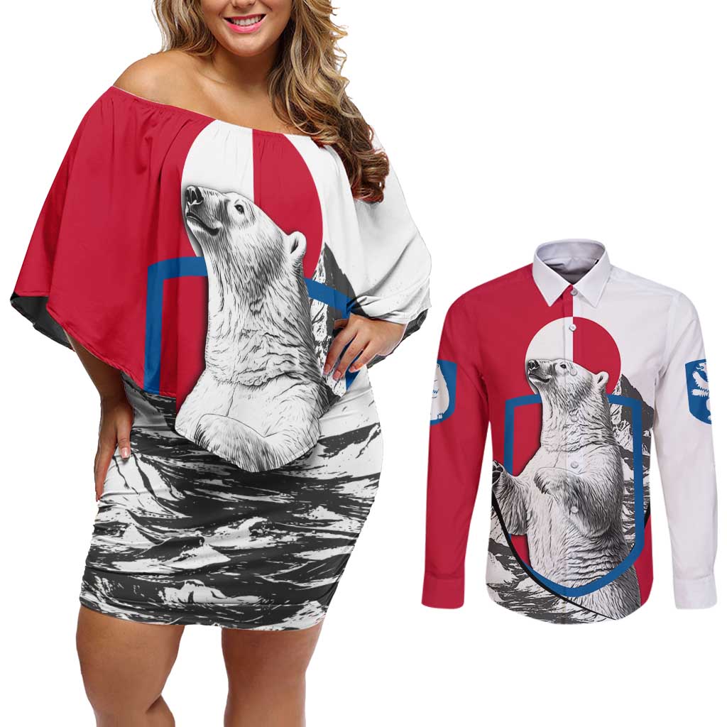Greenland Pride Couples Matching Off Shoulder Short Dress and Long Sleeve Button Shirt The Spirit of the Arctic Bear