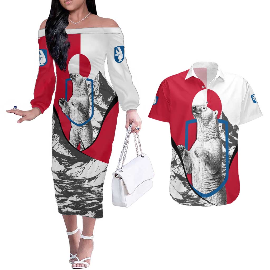 Greenland Pride Couples Matching Off The Shoulder Long Sleeve Dress and Hawaiian Shirt The Spirit of the Arctic Bear