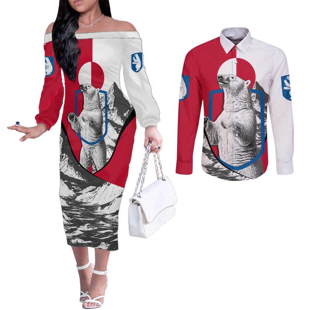 Greenland Pride Couples Matching Off The Shoulder Long Sleeve Dress and Long Sleeve Button Shirt The Spirit of the Arctic Bear