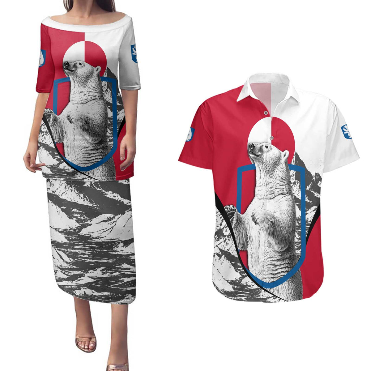 Greenland Pride Couples Matching Puletasi and Hawaiian Shirt The Spirit of the Arctic Bear