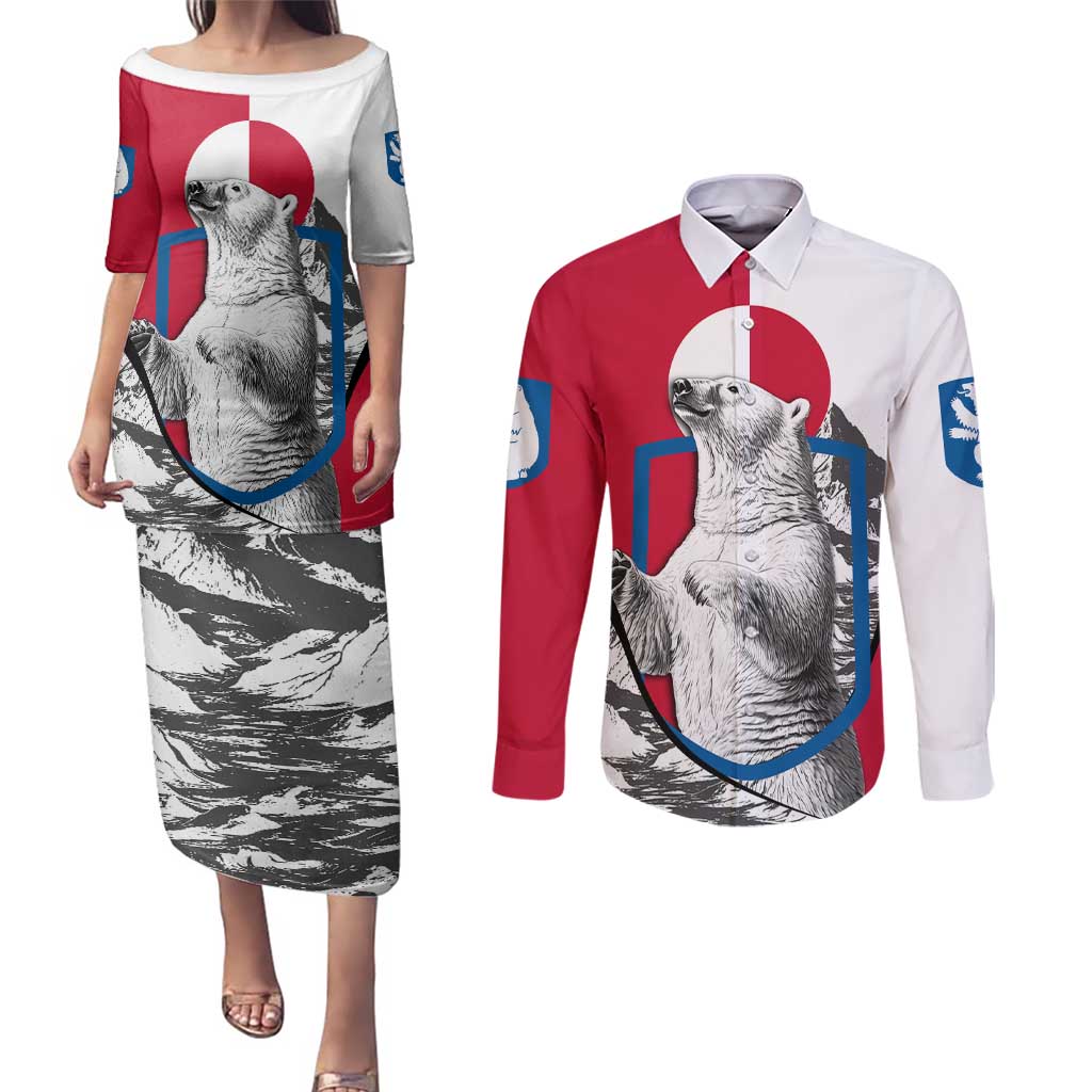Greenland Pride Couples Matching Puletasi and Long Sleeve Button Shirt The Spirit of the Arctic Bear