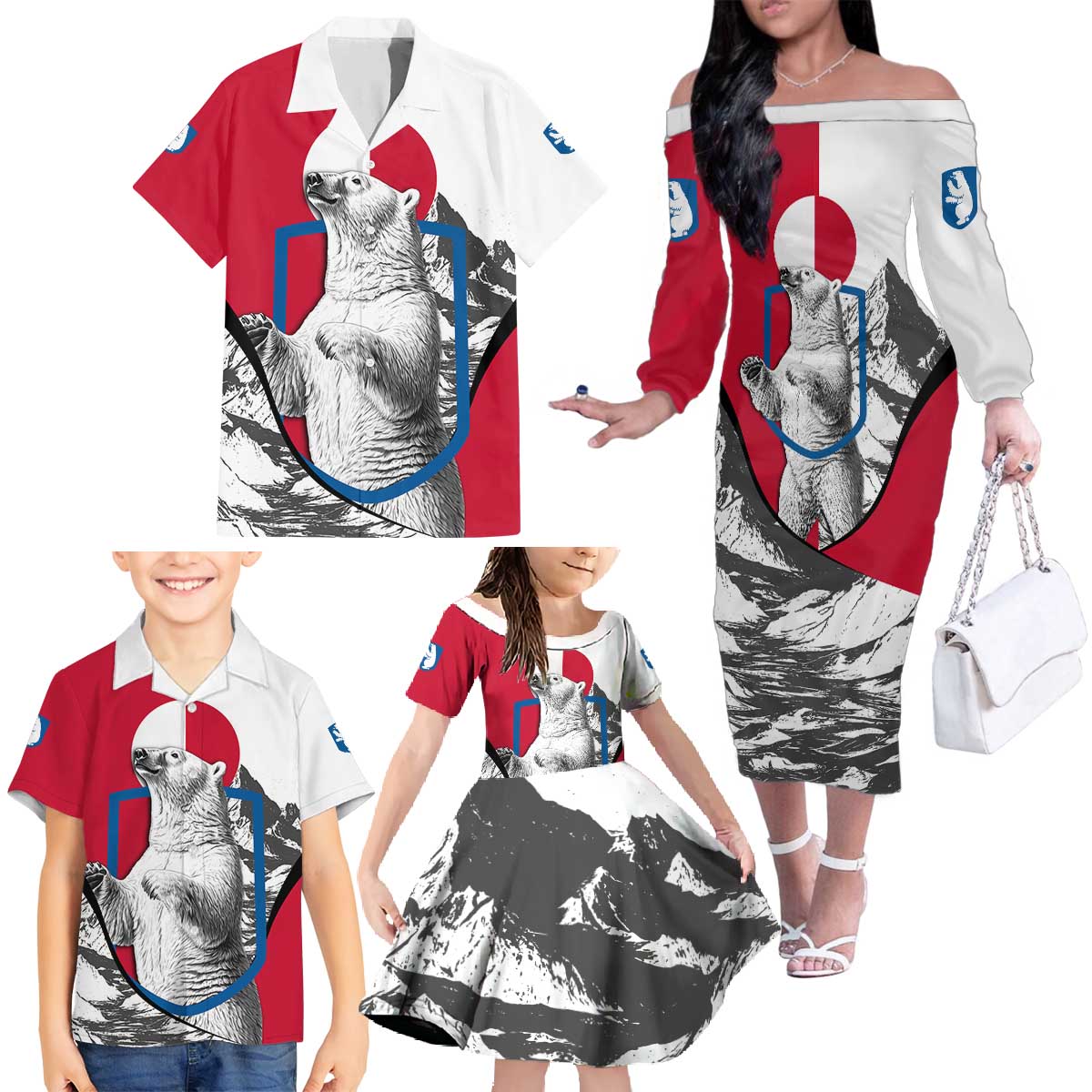 Greenland Pride Family Matching Off The Shoulder Long Sleeve Dress and Hawaiian Shirt The Spirit of the Arctic Bear