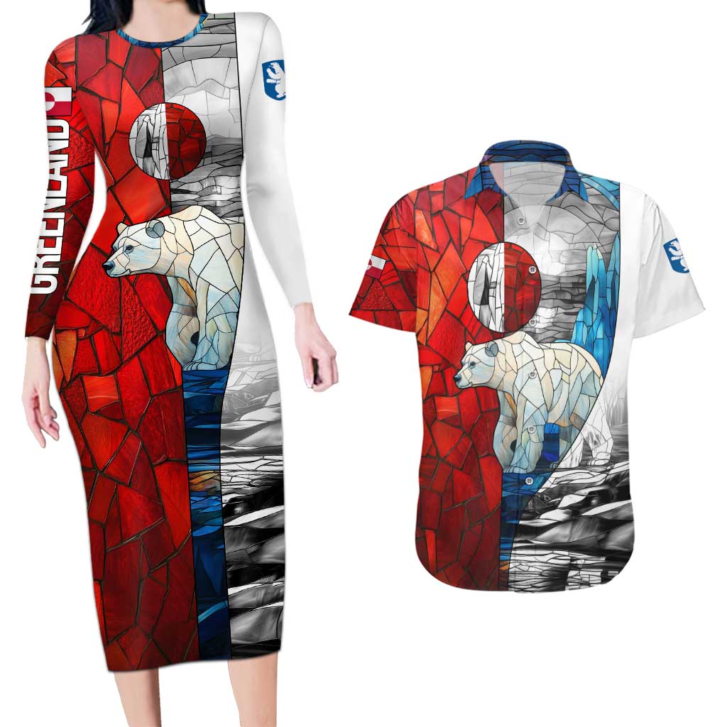 Kalaallit Nunaat Pride Couples Matching Long Sleeve Bodycon Dress and Hawaiian Shirt Polar Bear Spirit in Stained Glass Style