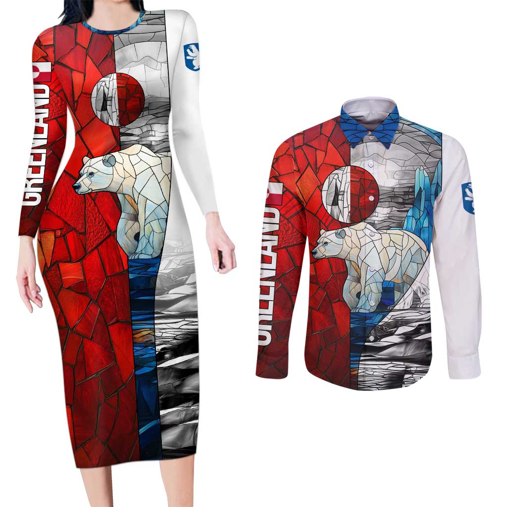 Kalaallit Nunaat Pride Couples Matching Long Sleeve Bodycon Dress and Long Sleeve Button Shirt Polar Bear Spirit in Stained Glass Style